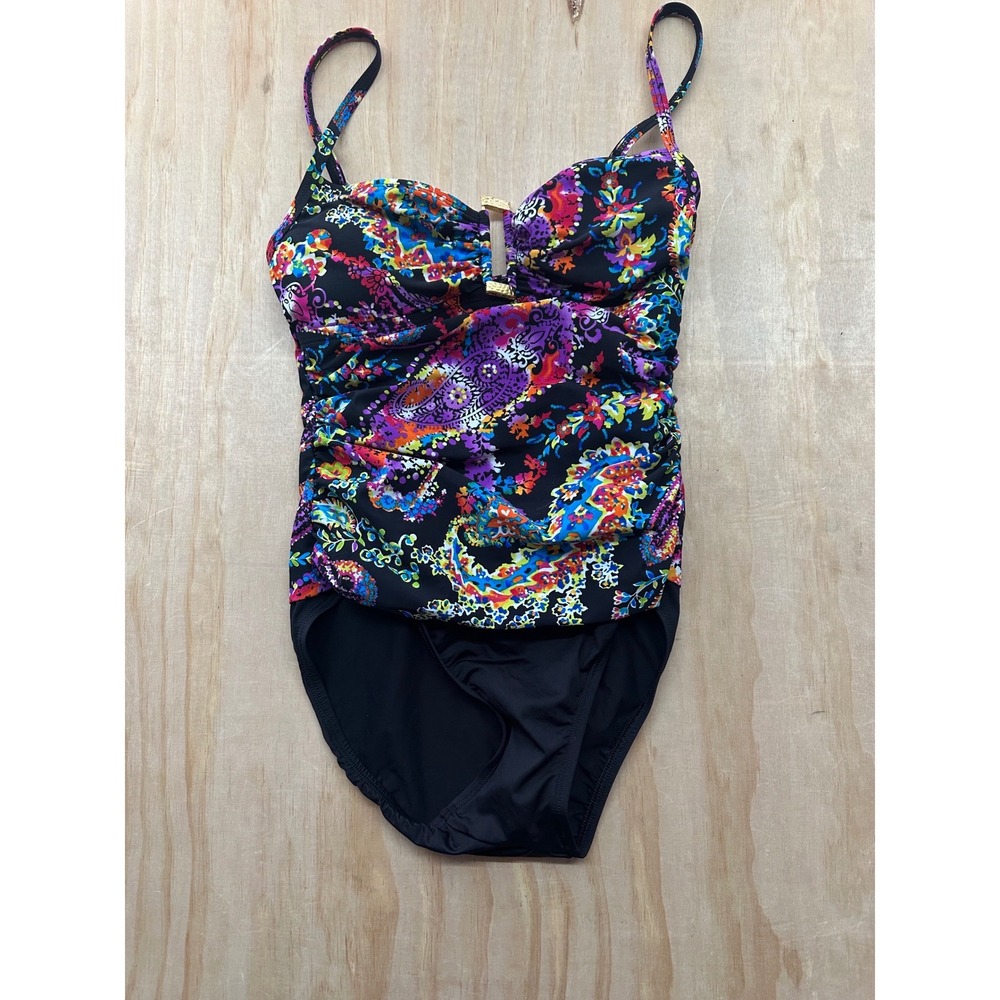 Lauren Ralph Lauren Paisley Floral Ruched One Piece Swimsuit Black Multi Size 6